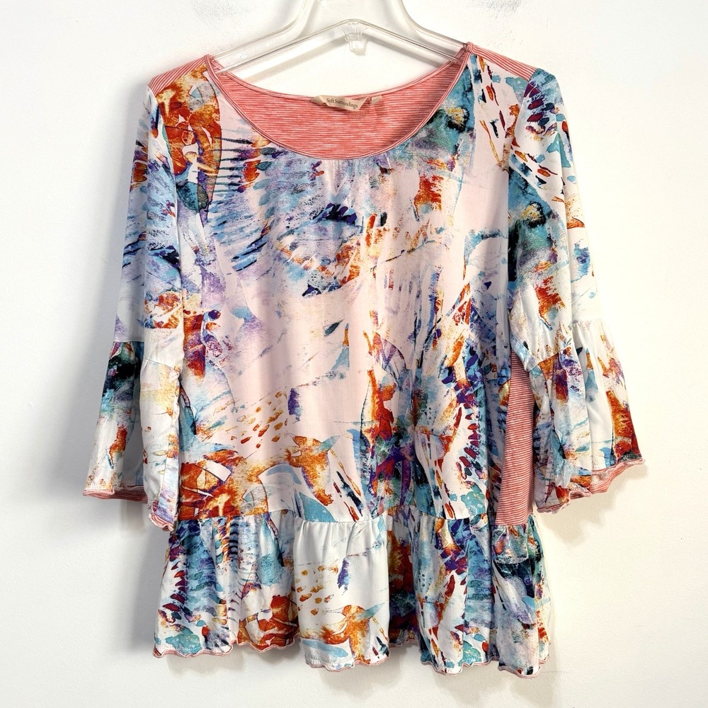 Soft Surroundings Top M Popover Peplum Hem Colorful Casual Tropical Shirt Spring